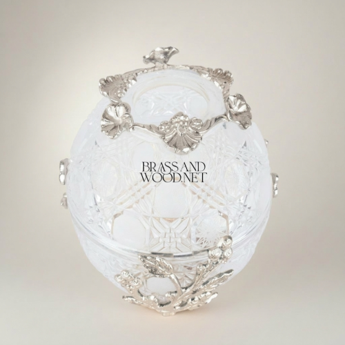 Imperial Fabergé-Inspired Crystal Egg Tissue Box with Botanical Metal Relief - Brass and Wood silver Front | Brass & Wood