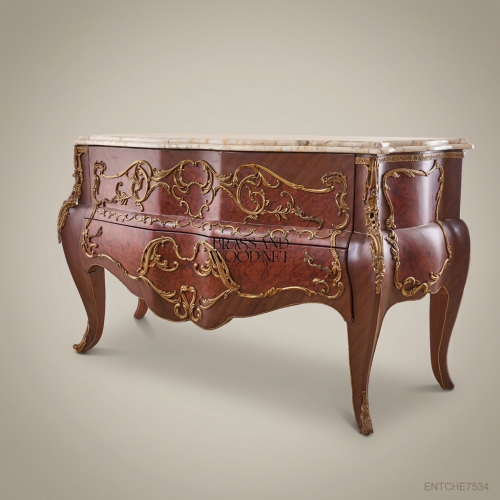 Louis XV Bombé Commode Burr Walnut Gilt Brass Ormolu Marble Top Brass & Wood Front View | Brass & Wood
