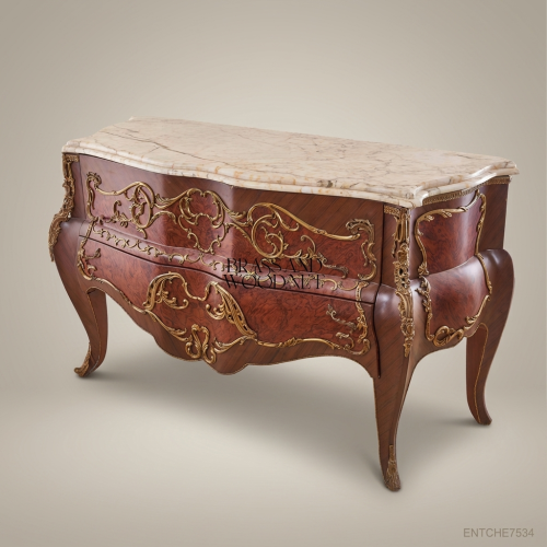 Louis XV Bombé Commode Burr Walnut Gilt Brass Ormolu Marble Top Brass & Wood Front View | Brass & Wood