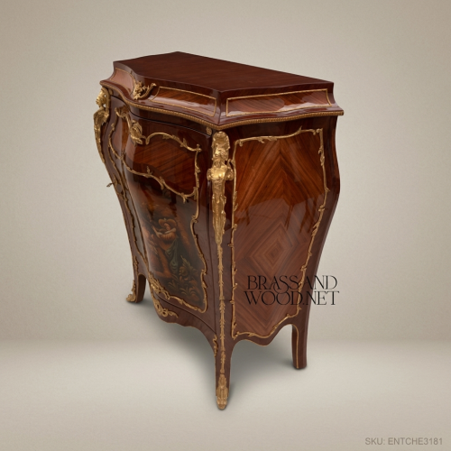 Louis XV Rococo Bombé Commode Hand-Painted Pastoral Panel Mahogany Marquetry Antique Gold Ormolu Brass Wood Front View | Brass & Wood