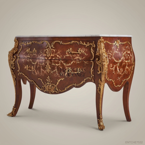Louis XV Bombe Commode Walnut Burl Gilt Brass Ormolu Marquetry White Marble Top Brass & Wood Front View | Brass & Wood