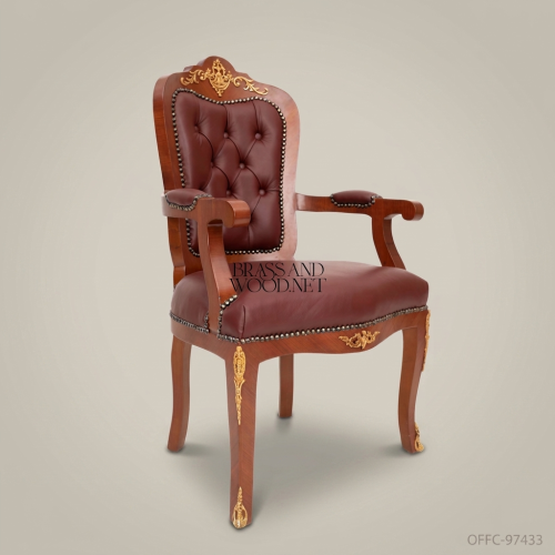 Louis XV Rococo Burgundy Leather Office Armchair Solid Mahogany Gold Ormolu Brass Tufted Brass & Wood Front View | Brass & Wood