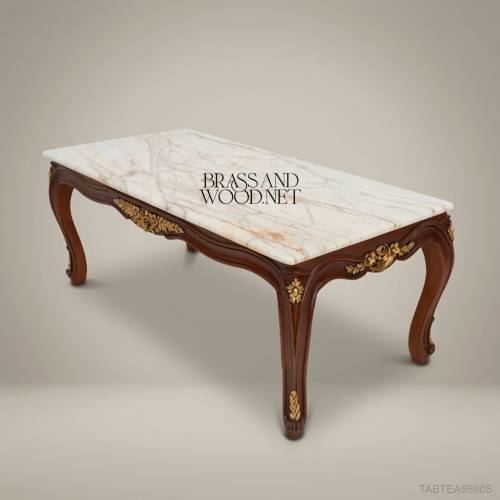 Louis XV Rococo Coffee Table Carved Walnut Cabriole Legs Gilded Brass Floral Carvings White Marble Top Brass & Wood Front View | Brass & Wood