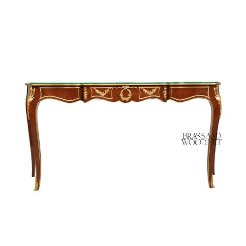 Louis XV Mahogany Console Table Floral Marquetry Gilded Ormolu Mounts Cabriole Legs Brass and Wood Front View | Brass & Wood