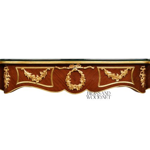 Louis XV Mahogany Console Table Floral Marquetry Gilded Ormolu Mounts Cabriole Legs Brass and Wood Front View | Brass & Wood