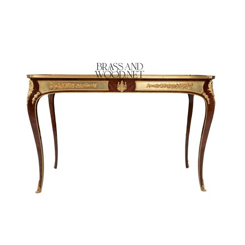 Louis XV Console Table Floral Marquetry Ivory Lacquer Gilded Bronze Ormolu Cabriole Legs Brass and Wood Front View | Brass & Wood
