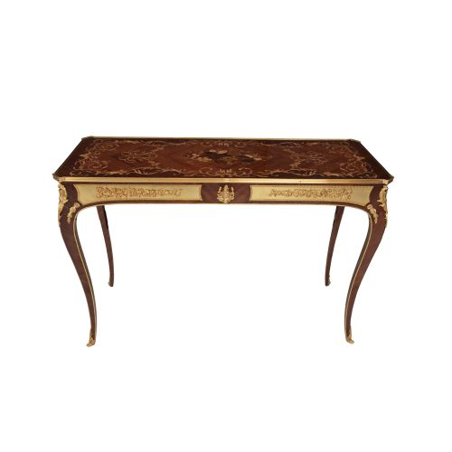 Louis XV Console Table Floral Marquetry Ivory Lacquer Gilded Bronze Ormolu Cabriole Legs Brass and Wood Front View | Brass & Wood