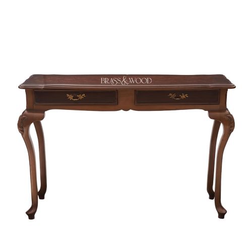 Louis XV Rococo Console Table Solid Walnut Burl Veneer Cabriole Legs Antique Brass Drop Pulls Brass & Wood Front View | Brass & Wood