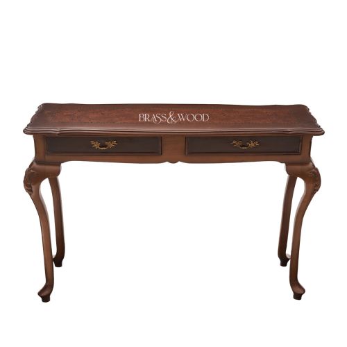 Louis XV Rococo Console Table Solid Walnut Burl Veneer Cabriole Legs Antique Brass Drop Pulls Brass & Wood Front View | Brass & Wood