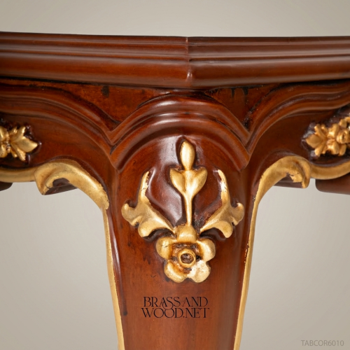 Louis XV Rococo Corner Table Carved Solid Wood Gold Leaf Cabriole Legs Brass & Wood Front View | Brass & Wood