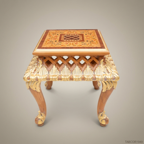 Louis XV Corner Table Multi-Wood Marquetry Gold Leaf Acanthus Carved Apron Cabriole Legs Brass & Wood Front View | Brass & Wood