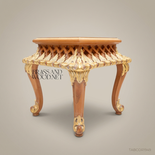 Louis XV Corner Table Multi-Wood Marquetry Gold Leaf Acanthus Carved Apron Cabriole Legs Brass & Wood Front View | Brass & Wood