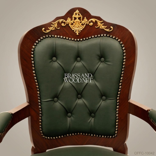 Louis XV Green Leather Tufted Office Armchair with Gold Brass Accents