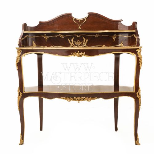 Louis XV Mahogany Two-Tier Console Table Antique Brass Ormolu Mounts Cabriole Legs Brass & Wood Front View | Brass & Wood