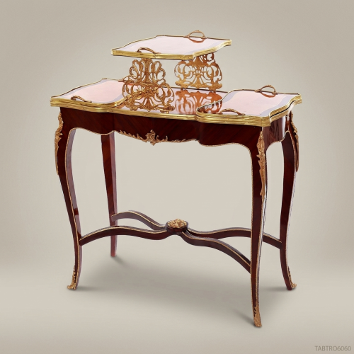 Louis XV Rococo Mahogany Gilt Bronze Tea Trolley Tiered Pink Glass Trays Brass & Wood Front View | Brass & Wood