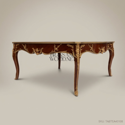 Louis XV Rococo Walnut Marquetry Coffee Table Gilt Bronze Ormolu Cabriole Legs Brass & Wood Front View | Brass & Wood