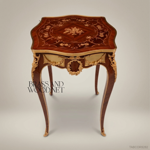 Louis XV Rococo Marquetry Corner Table Gilded Bronze Mounts Cabriole Legs Brass & Wood Front View | Brass & Wood
