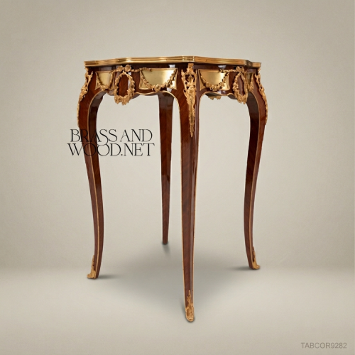 Louis XV Rococo Marquetry Corner Table Gilded Bronze Mounts Cabriole Legs Brass & Wood Front View | Brass & Wood