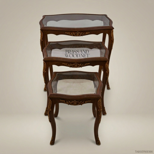 Louis XV Rococo Nesting Side Tables Solid Wood Gilded Brass Ormolu Bevelled Glass Set of 3 Brass & Wood Front View | Brass & Wood