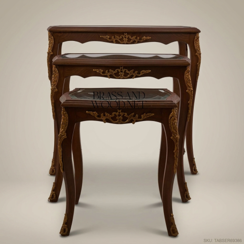 Louis XV Rococo Nesting Side Tables Solid Wood Gilded Brass Ormolu Bevelled Glass Set of 3 Brass & Wood Front View | Brass & Wood