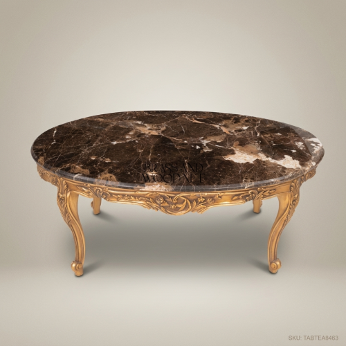 Louis XV Oval Coffee Table – Dark Marble & Gold Leaf Carved Wood