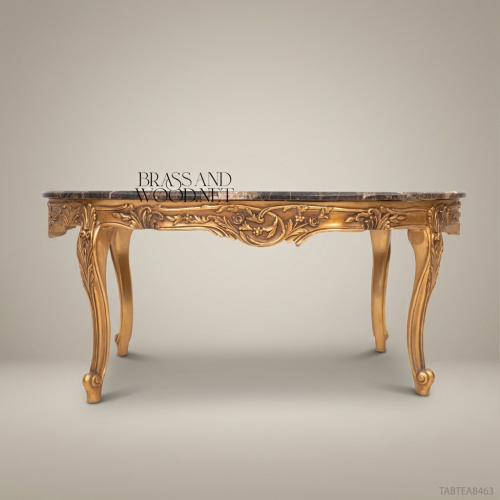 Louis XV Oval Coffee Table – Dark Marble & Gold Leaf Carved Wood