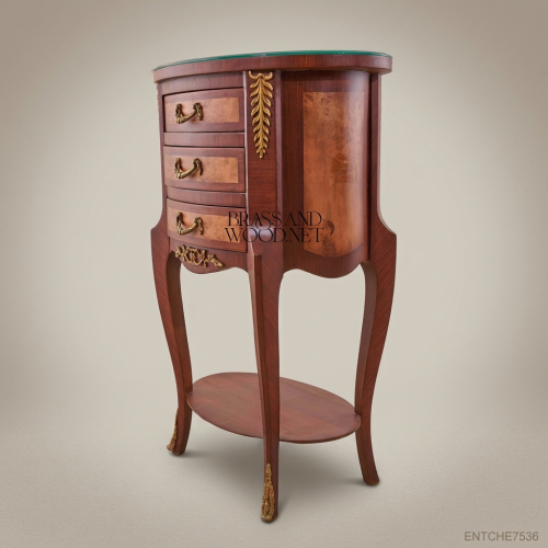 Louis XV Oval Nightstand Solid Mahogany Burl Veneer Antique Brass Cabriole Legs Glass Top Brass & Wood Front View | Brass & Wood