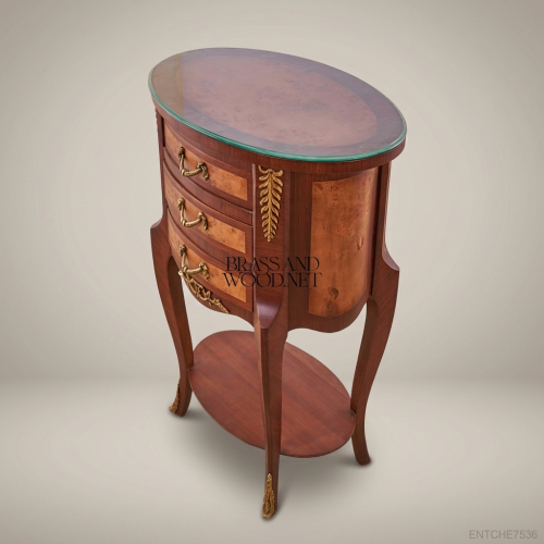 Louis XV Oval Nightstand Solid Mahogany Burl Veneer Antique Brass Cabriole Legs Glass Top Brass & Wood Front View | Brass & Wood