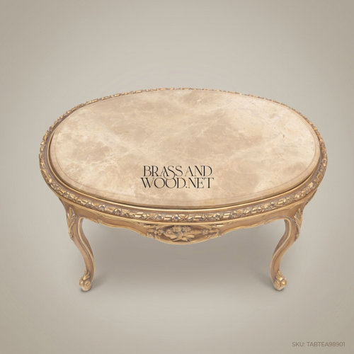 Louis XV Oval Tea Table – Gold Leaf Carved Wood & Marble Top