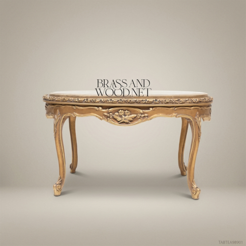 Louis XV Oval Tea Table – Gold Leaf Carved Wood & Marble Top
