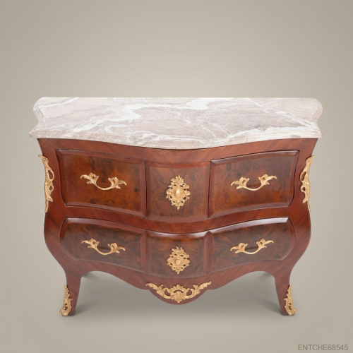 Louis XV Rococo Bombé Commode Burr Veneer Gilt Brass Mounts Pink Marble Top Brass and Wood Front View | Brass & Wood