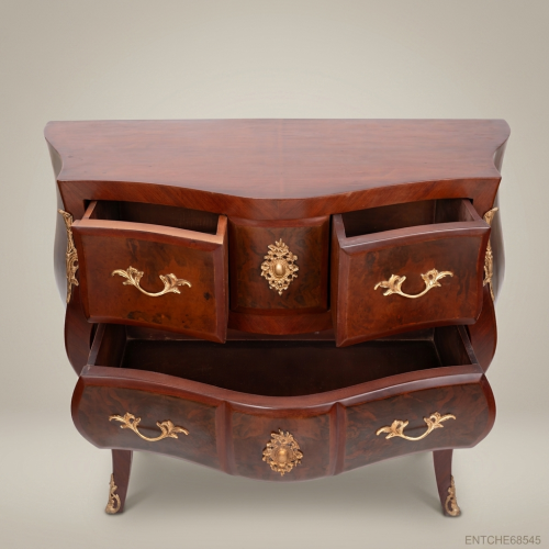 Louis XV Rococo Bombé Commode Burr Veneer Gilt Brass Mounts Pink Marble Top Brass and Wood Front View | Brass & Wood