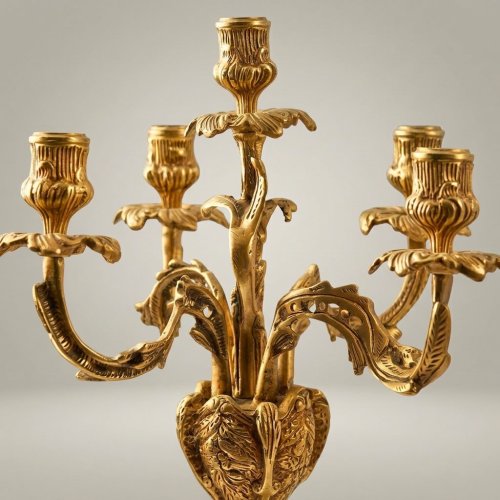 Louis XV Rococo Brass Candelabra - 5-Arm Acanthus & Rocaille Scrollwork