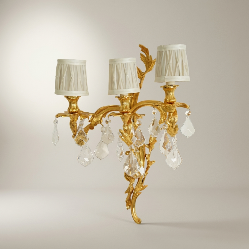 Louis XV Rococo Brass & Crystal 3-Arm Wall Sconce with Acanthus Scrolls