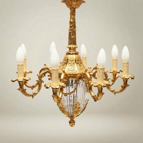 Louis XV Rococo Brass & Crystal 8-Arm Chandelier with Acanthus Scrollwork