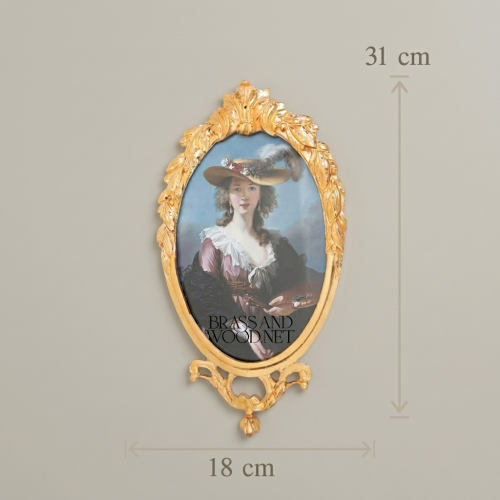 Louis XV Rococo Heavily Ornate Brass Oval Picture Frame Acanthus Crown Scroll Pedestal Brass and Wood Gold Front | Brass & Wood