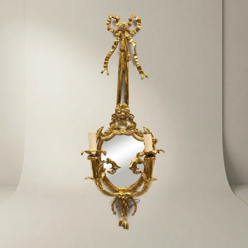 Louis XV Rococo Handcrafted Brass Wall Sconce with Oval Mirror Bow Finial and Twin Candle Arms Gold Front | Brass & Wood