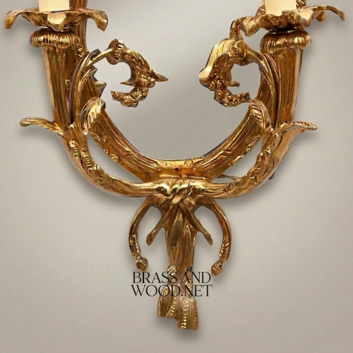 Louis XV Rococo Handcrafted Brass Wall Sconce with Oval Mirror Bow Finial and Twin Candle Arms Gold Front | Brass & Wood