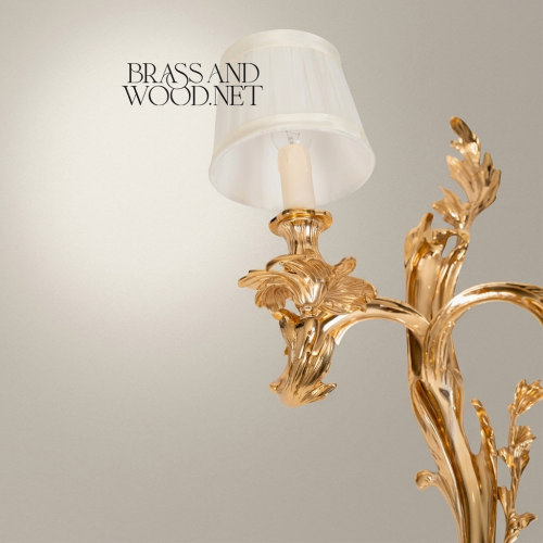 Louis XV Rococo Twin-Arm Brass Wall Sconce Acanthus Scroll Off-White Fabric Shades Brass and Wood Gold Front | Brass & Wood