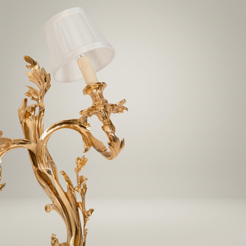 Louis XV Rococo Twin-Arm Brass Wall Sconce Acanthus Scroll Off-White Fabric Shades Brass and Wood Gold Front | Brass & Wood