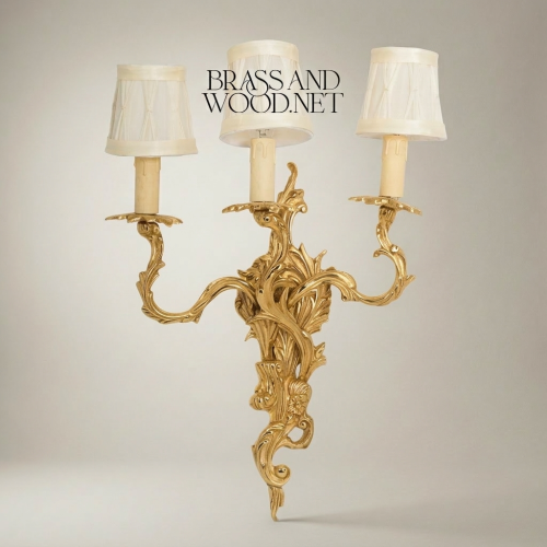 Louis XV Rococo 3-Arm Cast Brass Wall Sconce Acanthus Scrollwork Cream Shades Brass and Wood Gold Front | Brass & Wood