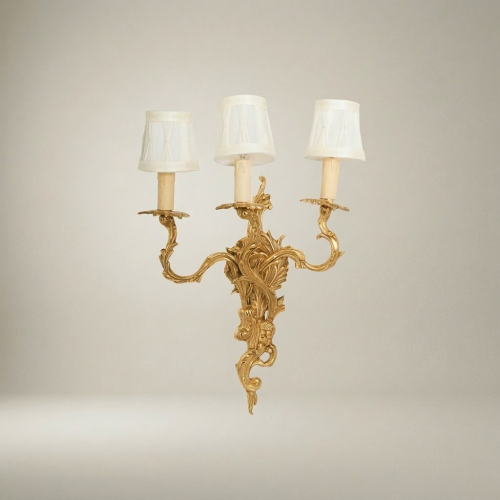 Louis XV Rococo 3-Arm Cast Brass Wall Sconce Acanthus Scrollwork Cream Shades Brass and Wood Gold Front | Brass & Wood