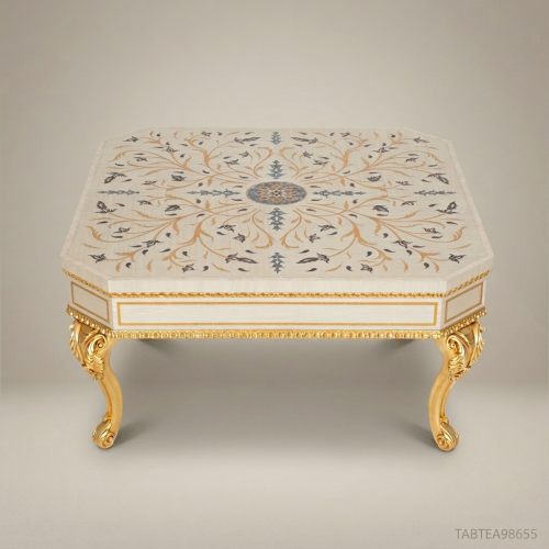 Louis XV Rococo Coffee Table Ivory Lacquer 24K Gold Leaf Cabriole Legs Floral Botanical Inlay Brass & Wood Front View | Brass & Wood
