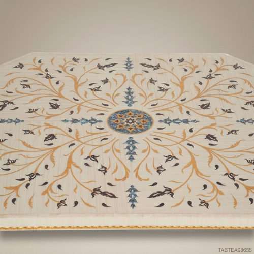 Louis XV Rococo Coffee Table Ivory Lacquer 24K Gold Leaf Cabriole Legs Floral Botanical Inlay Brass & Wood Front View | Brass & Wood