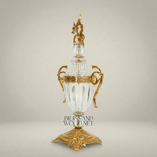 Louis XV Rococo Handcrafted Crystal Covered Urn Vase with Ornate Brass Foliate Mounts - Brass & Wood Gold Front | Brass & Wood