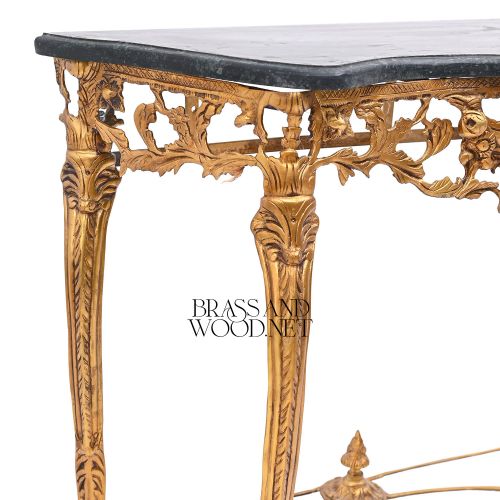 Louis XV Rococo Gold Leaf Carved Wood Console Table Green Marble Top Brass & Wood Front View | Brass & Wood