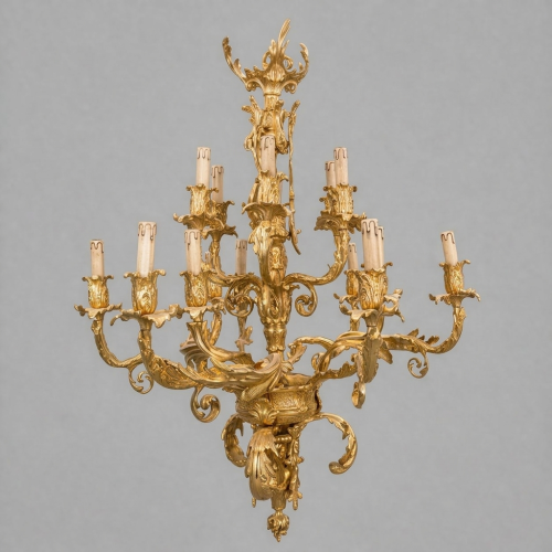 Louis XV Rococo Hand-Cast Brass 12-Arm Chandelier Acanthus Scrollwork Candle Style Brass and Wood Gold Front | Brass & Wood
