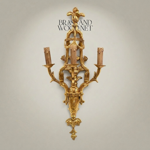 Louis XV Rococo Three-Arm Hand-Cast Brass Wall Sconce Acanthus Fleur-de-Lis Ornate Gold Front | Brass & Wood