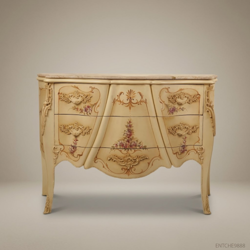 Louis XV Rococo Ivory Lacquer Commode with Hand-Painted Florals & Marble Top