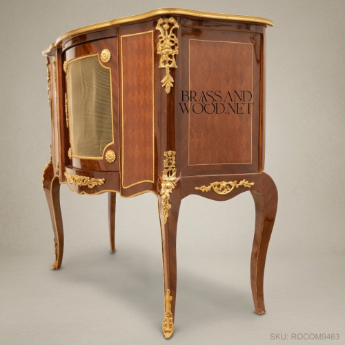 Louis XV Rococo Mahogany Commode Gilt Bronze Ormolu Glass Door Red Velvet Brass & Wood Front View | Brass & Wood